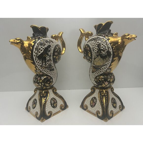 Pair of gilded Rococo majolica decor ewers lamps reticulated hand painted Italy - Picture 4 of 16